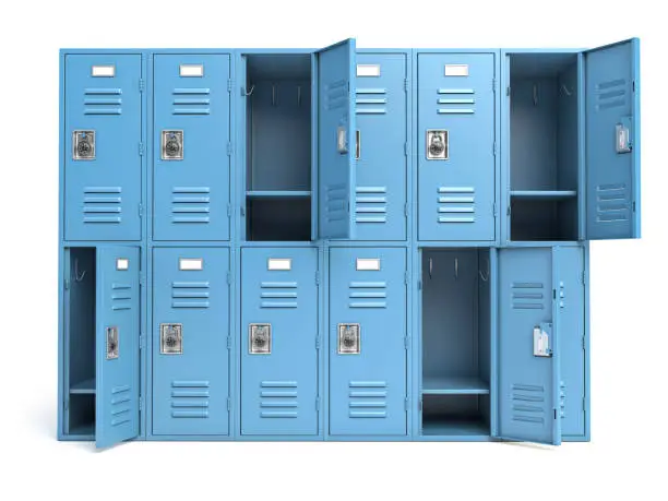 Photo of Metal locker box with open doors isolated on white.