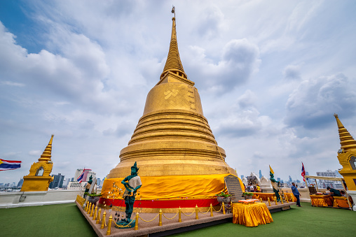 Bangkok, Thailand - September 19, 2019: tourists visiting the top of the Wat Saket, The Golden Mount Temple, Bangkok, Thailand.