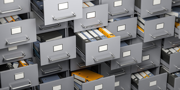File cabinet full of foders. Storage, organization and administration concept. 3d illustration