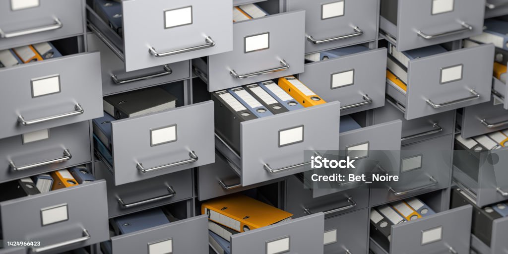 File cabinet full of foders. Storage, organization and administration concept. File cabinet full of foders. Storage, organization and administration concept. 3d illustration Filing Cabinet Stock Photo