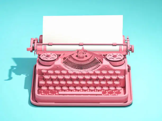 Vintage pink typewriter on blue background with space for text. 3d illustration