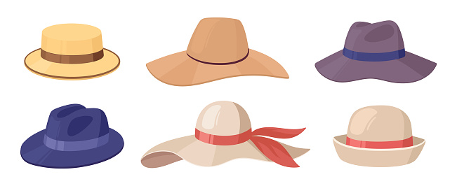 Cartoon hats, fashion headwear derby, fedora and cloche hat. Vintage gentlemen and ladies hats flat symbols illustration set. Retro headwear collection