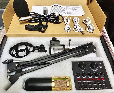 Studio Recording Set of Condenser Microphone, External Sound Card, Stand, Pop Filter and Cables.