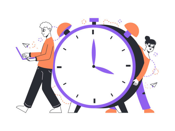 istock Time management, effective business schedule organising. Man and woman time schedule managers with big clock flat vector illustration. Work process organising outline concept 1424973882