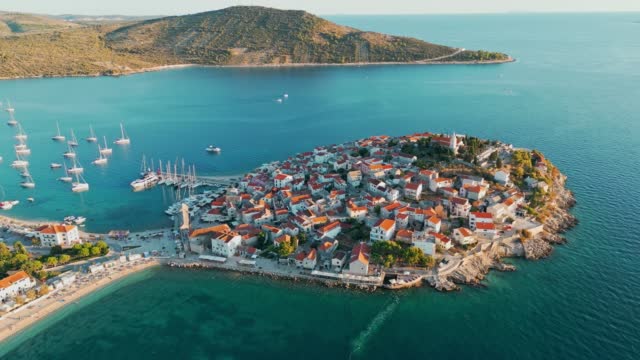 Aerial view of an old town of Primosten on the Adriatic coast.