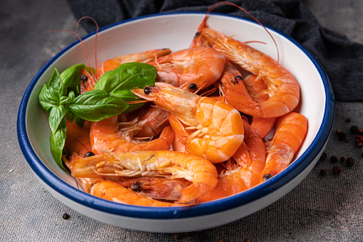 fresh shrimp prawn seafood meal food snack on the table copy space
