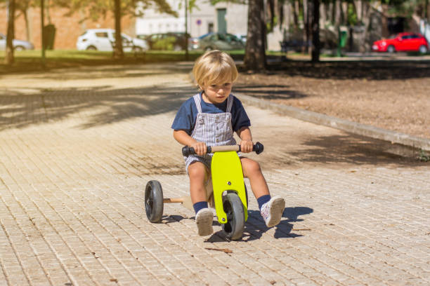 Little boy playing in the park with a tricycle.