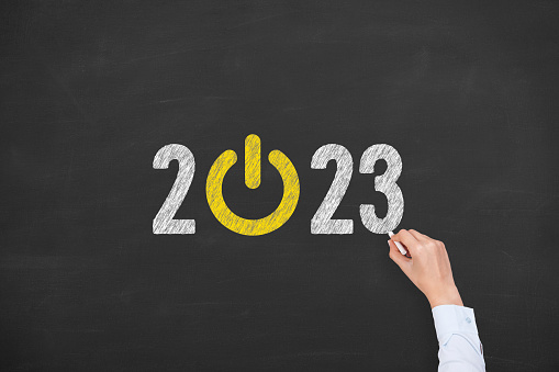 New Year 2023 Start Up Concepts on Blackboard Background