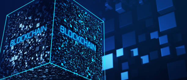 istock Blockchain technology concept. Blockchain inscription on abstract cubic background. 3d render. 1424979879