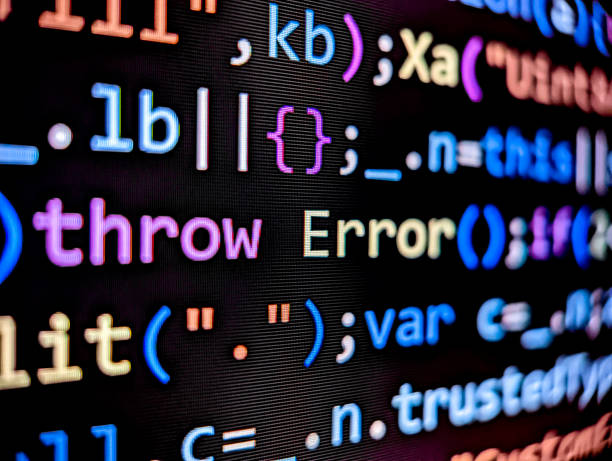 Computer code with error displayed on pixelated screen with colorful words on dark background Computer code with error displayed on pixelated screen with colorful words on dark a background javascript stock pictures, royalty-free photos & images