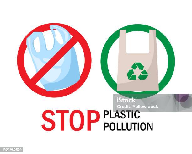 Stop Polyester Sign Symbol Stop Plastic Pollution And Fabric Cloth Or Paper Bag Logo No ...