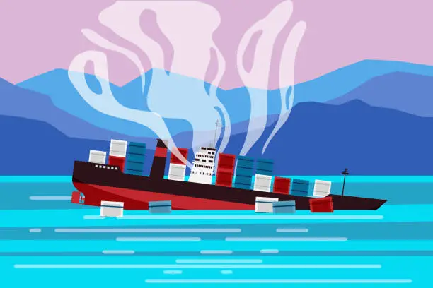 Vector illustration of Wreck of the ship of cargo in ocean, vessel going under water and goods containers. Marine transport crash, cartoon