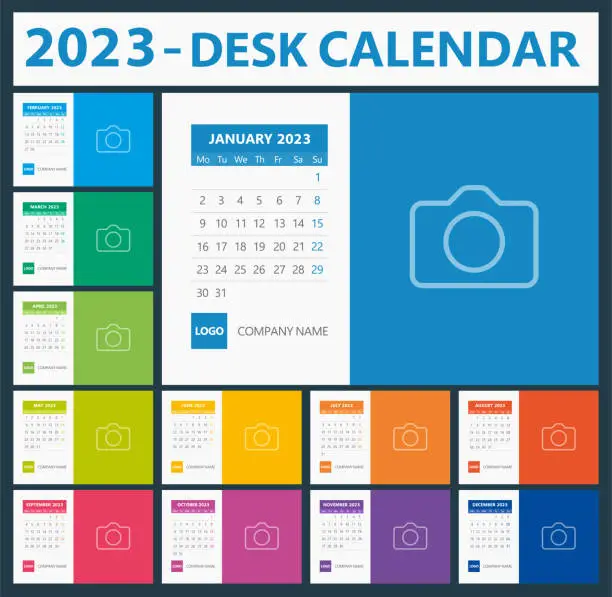 Vector illustration of 2023 Desk Wall Calendar. Week starts on Monday