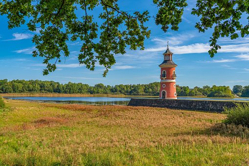 old, historical inland - lighthouse Moritzburg at the large pond Bärnsdorf, near the baroque castle Moritzburg in the sunny autumn
