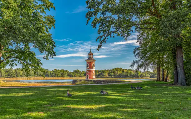 old, historical inland - lighthouse Moritzburg at the large pond Bärnsdorf, near the baroque castle Moritzburg in the sunny autumn