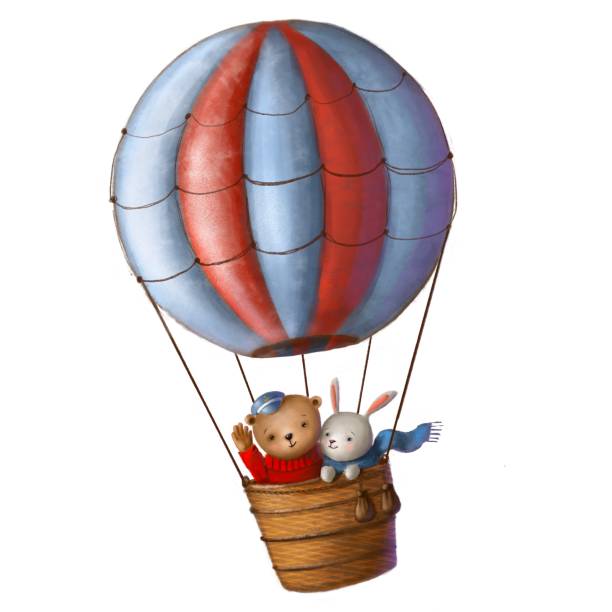 ilustrações de stock, clip art, desenhos animados e ícones de bear and hare flying in aerostat - fluffy bear cute friendship