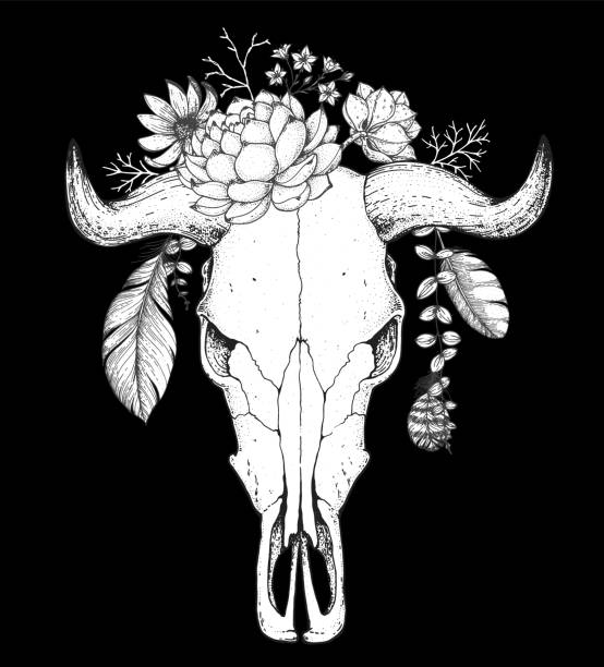 istock Buffalo Skull and flowers sketch. Hand drawn illustration. Wild west print. Vector illustration. Tattoo vintage print. Buffalo Skull and floral bouquet. T-shirt design. 1424991195