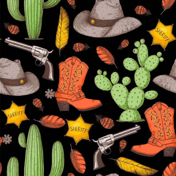 Vector illustration of Wild West seamless pattern. Colt, cowboy boots, sheriff's badge, cowboy hat. Vector illustration. Black and white background. Colorful pattern.