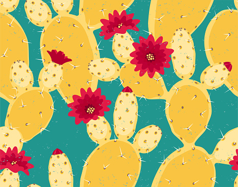 Prickly pear cactus or opuntia yellow, red and blue retro style seamless pattern.