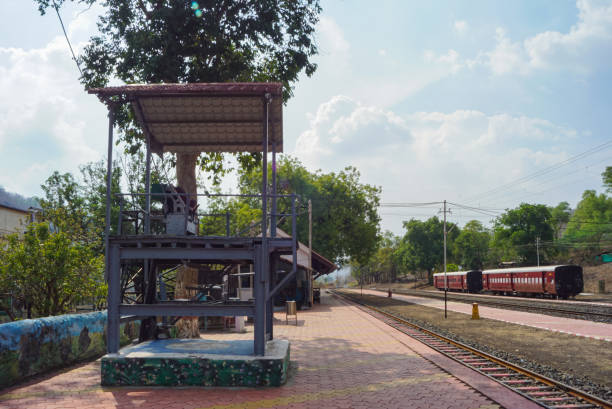 istock Railway track control tower, lever control tower at railway station platform of mountain village Kalakund near Mhow, Indore, Madhya Pradesh on a sunny summer day. Indian village. 1424992017