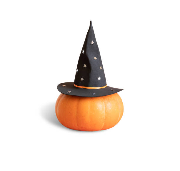 istock Halloween pumpkin isolated on white background. Pumpkin in a black witch hat with stars. 1424997809