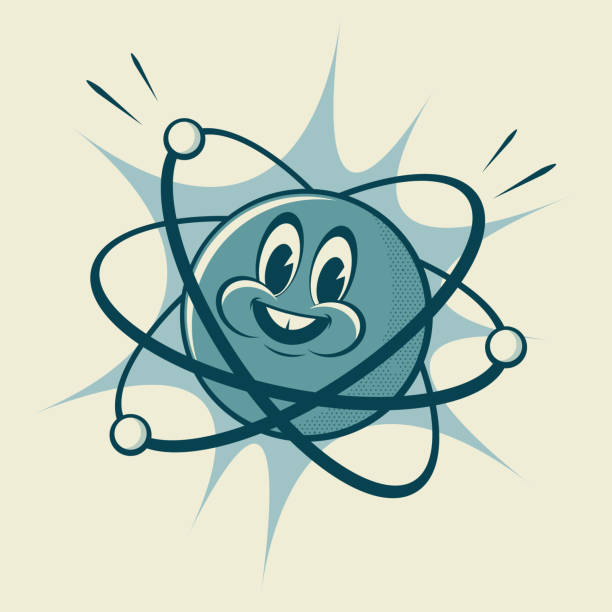 illustrazioni stock, clip art, cartoni animati e icone di tendenza di divertente illustrazione retrò di un atomo del fumetto - atom nuclear energy physics science