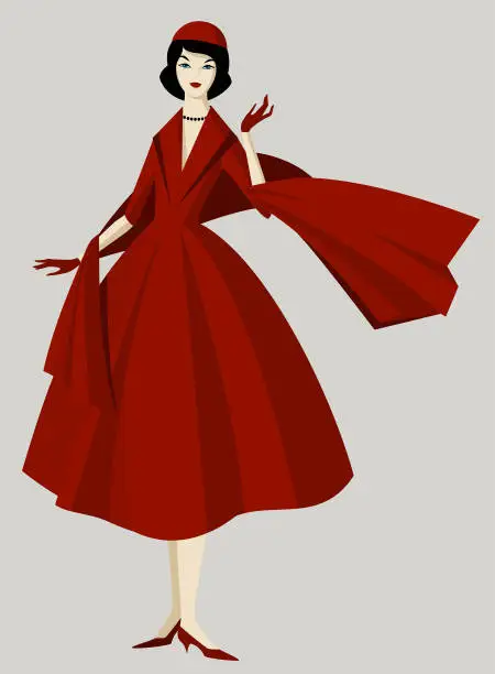 Vector illustration of fashionable woman in a red  dress