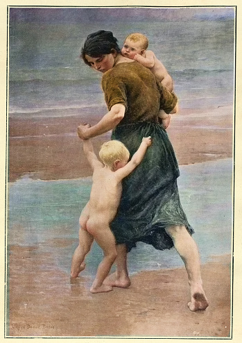 Vintage illustration after the painting by Virginie Demont Breton, Into The Water, A L'Eau, French 19th Century art