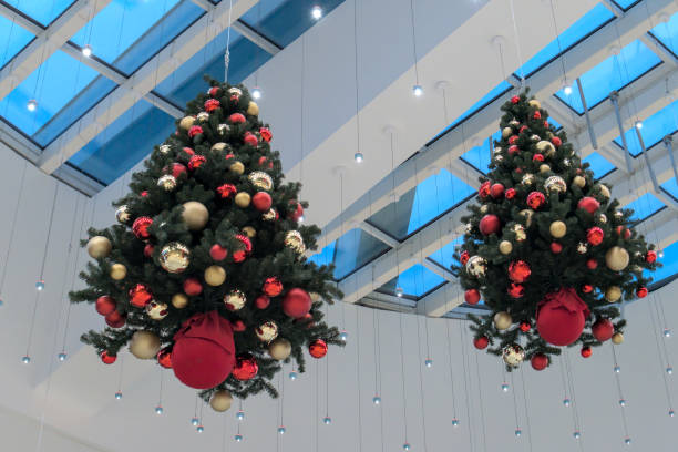 istock Two Christmas trees hang from the ceiling as an unusual decoration 1424999986