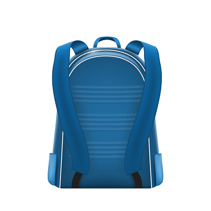 Realistic blue backpack for school, back view. Casual rucksack for teenage student supplies carrying isolated on white background. Schoolbag with pockets and handles. Vector illustration