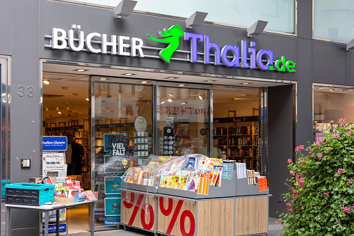 Neuwied, Germany - September 17, 2022: Entrance of the local Thalia book shop. Thalia is a chain of more than 200 book shops in Germany, Austria, and Switzerland.