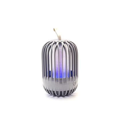 Glowing rechargeable mosquito killer lamp isolated on white background. Bug zapper with USB power supply, clipping path and copy space