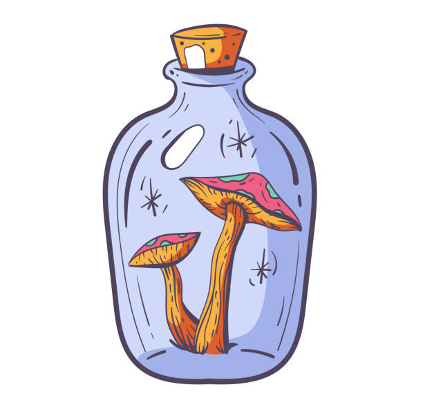 illustrations, cliparts, dessins animés et icônes de bouteille d’élixir magique avec concept d’art au trait de champignons. illustration d’élément de conception graphique vectorielle - fungus science bottle glass