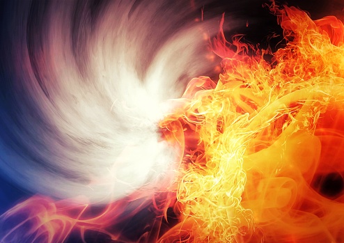 Abstract background with swirling fire flames and smoke