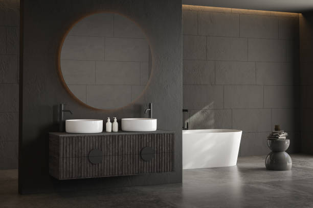 istock Modern minimalist bathroom interior, modern bathroom cabinet, double sink,dark walls, concrete floor, bathroom accessories, bathtub. 3d rendering 1425012948