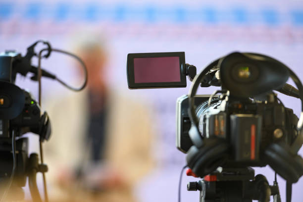istock Close-up shot cameras at press conference 1425013539