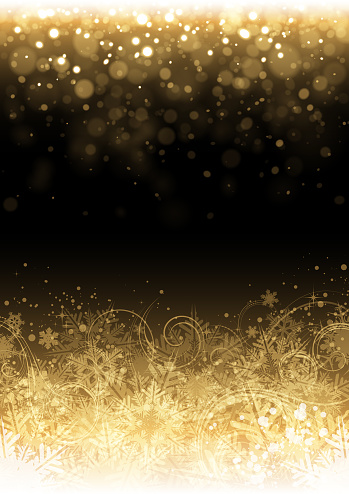 Shiny sparkling glittering gold colored snowing  background vector illustration with snow and snowflakes for use as background template on Christmas designs, cards, flyers, banners, advertising, brochures, posters, digital presentations, slideshows, PowerPoint, websites