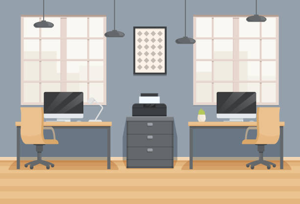 interior kantor dengan pekerjaan di kota, ilustrasi vektor - office ilustrasi stok