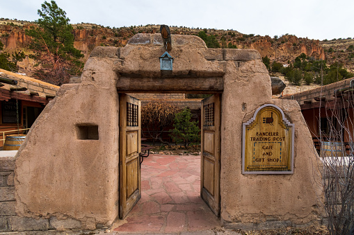 Bandelier National Monument, New Mexico \\ USA - 3 March, 2022: Entryway gate into Bandelier Trading Post