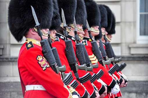 Two members of the British Household Cavalry (also known as The Lifeguards) on parade in Whitehall, London England.