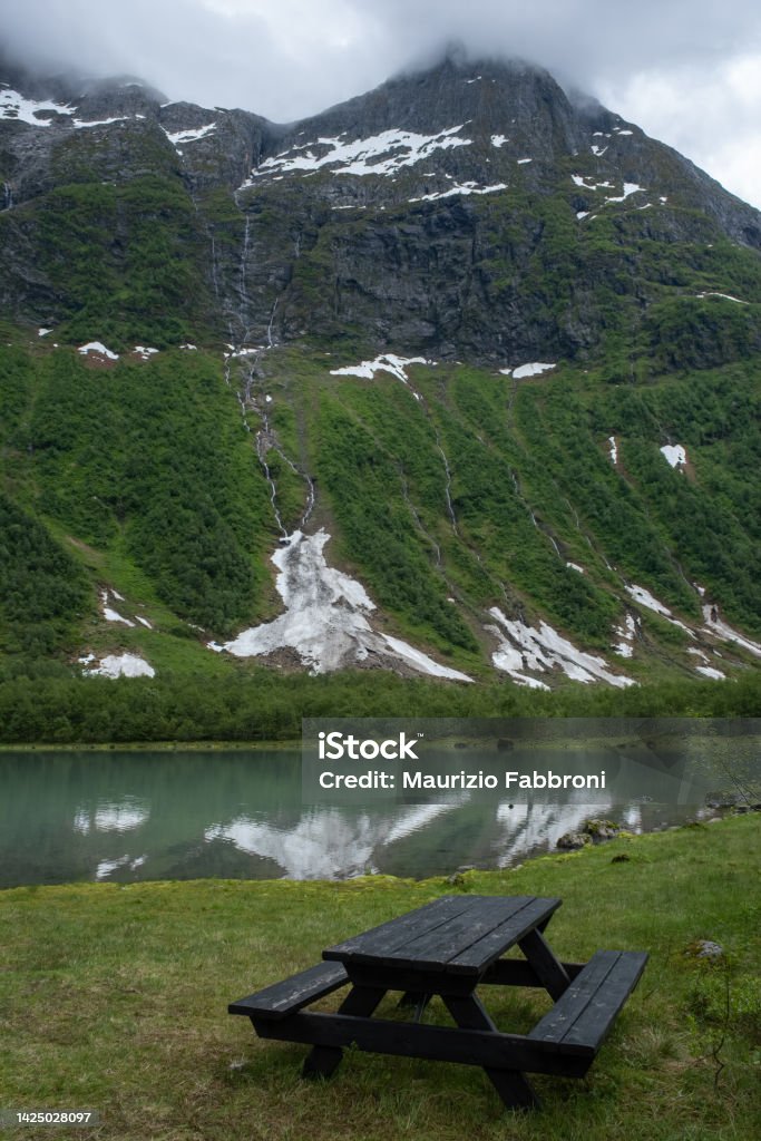 Wonderful landscapes in Norway. Vestland. Beautiful scenery of Boyabreen glacier in Fjaerland. Jostedalsbreen National Park. Mountains, rocks and snow. Cloudy day. Selective focus Norway Stock Photo