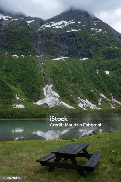 Wonderful Landscapes In Norway Vestland Beautiful Scenery Of Boyabreen Glacier In Fjaerland Jostedalsbreen National Park Mountains Rocks And Snow Cloudy Day Selective Focus Stock Photo - Download Image Now