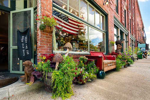 West Virginia, USA - August 12, 2022: Street view of the shops and art galleries in the tiny mountain village of Thomas.