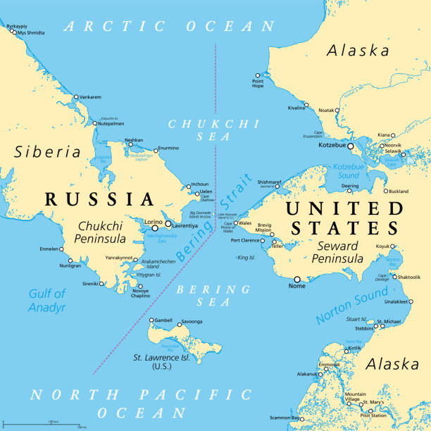 Bering Strait, political map, strait between Russia and United States Bering Strait, political map. Strait between the North Pacific Ocean and the Arctic Ocean, separating the Chukchi Peninsula of the Russian Far East from the Seward Peninsula of Alaska, United States. chukchi stock illustrations