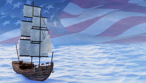 3d illustration of vintage sailboat on blue sea background and waving american flag. COLUMBUS DAY 3d illustration of sailboat, american flag and space available, United States national holidays. COLUMBUS DAY voyager 1 stock pictures, royalty-free photos & images