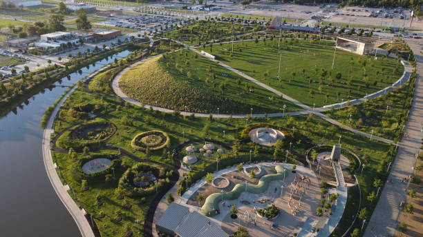 Aerial view of most of Scissortail Park in OKC