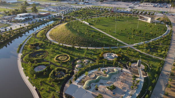 Scissortail Park from drone Aerial view of most of Scissortail Park in OKC oklahoma city stock pictures, royalty-free photos & images