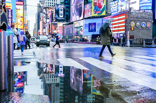 Times Square New York City during the rain. Photographed on December 18, 2021