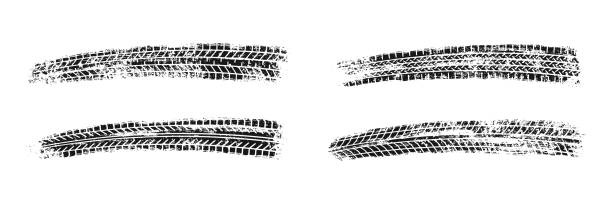 Auto tire tread grunge set. Car and motorcycle tire pattern, wheel tyre tread track. Black tyre print. Vector illustration isolated on white background Auto tire tread grunge set. Car and motorcycle tire pattern, wheel tyre tread track. Black tyre print. Vector illustration isolated on white background. street skid marks stock illustrations