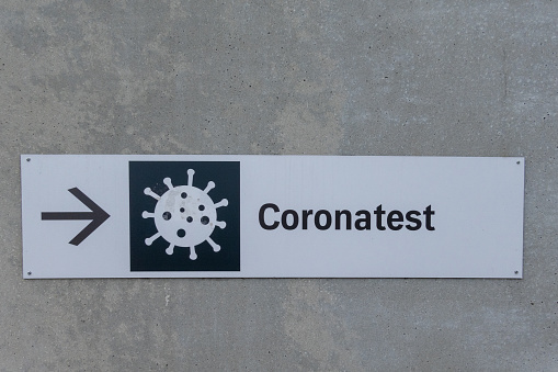 Copenhagen, Denmark, A sign at Herlev hospital pointing to a Corona test facility.